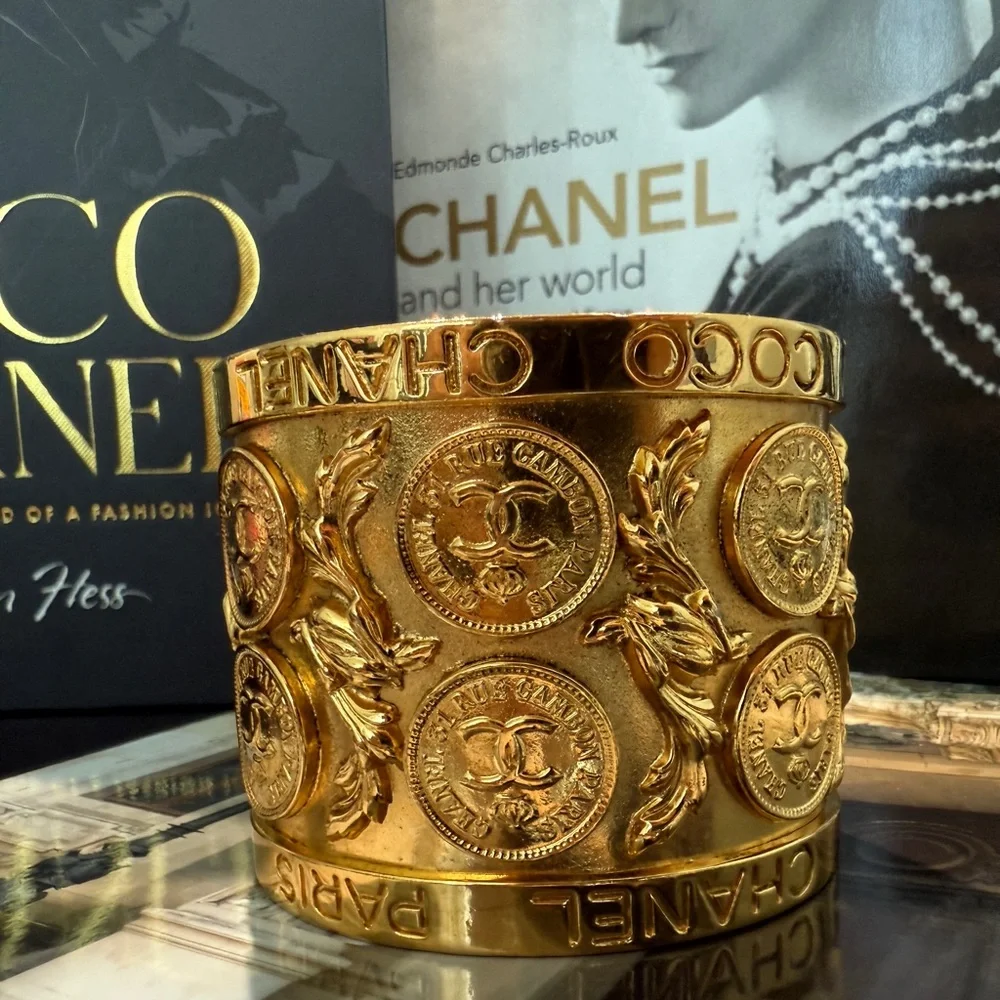 LOT 2230 24K gold plated CHANEL Gold Medallion Cuff Bracelet